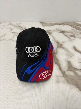 Vintage Audi Racing Flame Hat Cap Embroidered Logo Black Red Blue Strapback Y2K